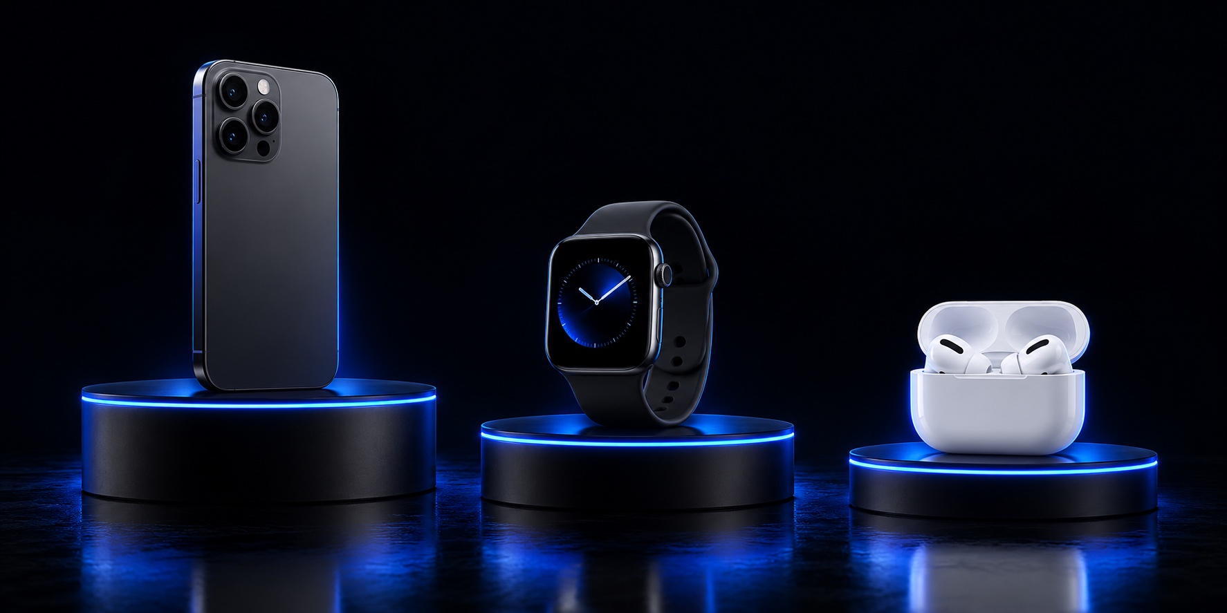 Mockup ilustrativo de iPhone 18 Pro, Apple Watch e AirPods Pro em pedestais com iluminação azul